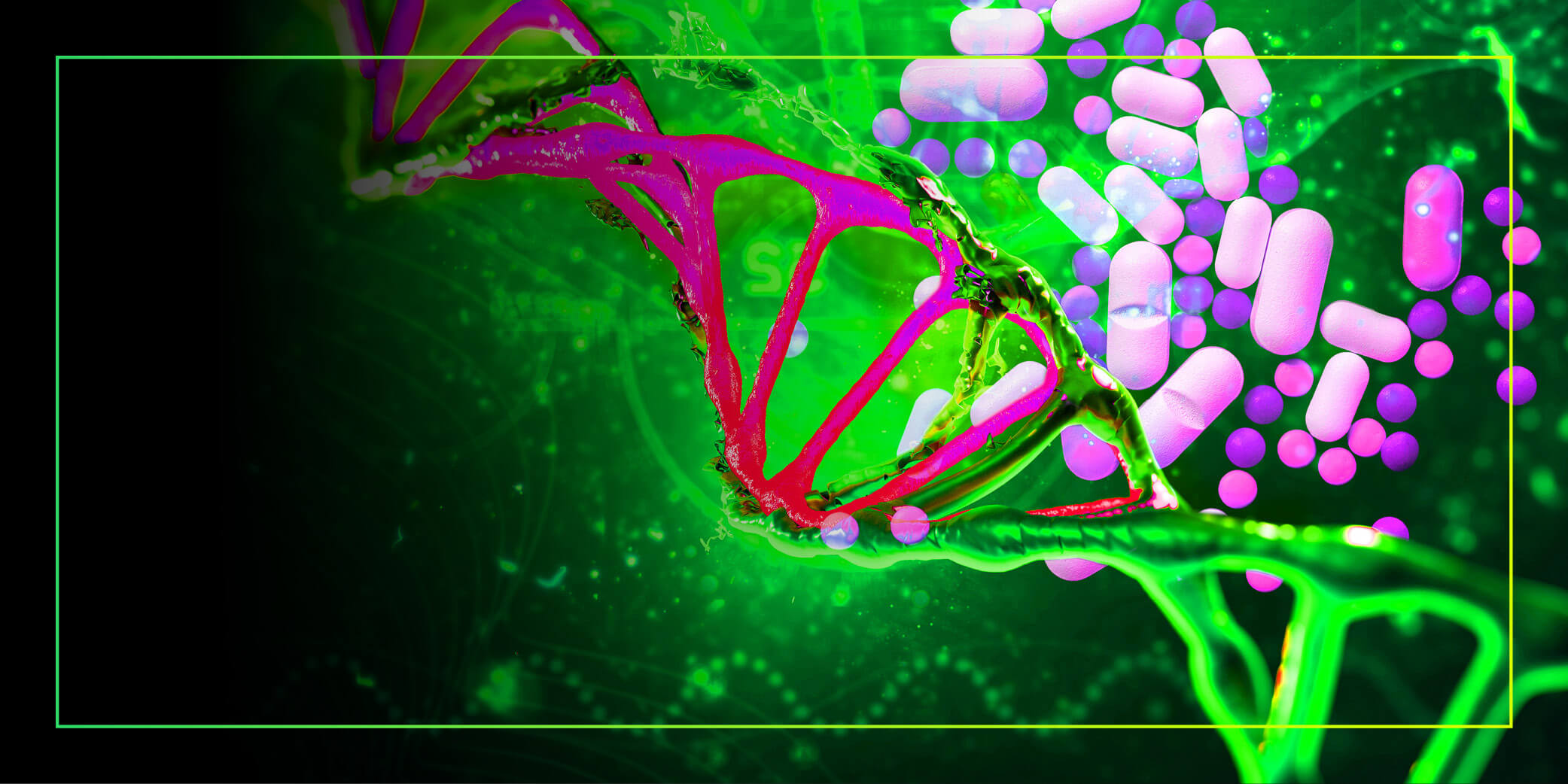 cover image with dna and medication illustrations